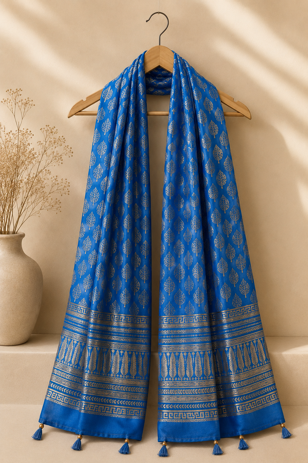 Blue Chanderi Dupatta with Gold Block Print and Tassels