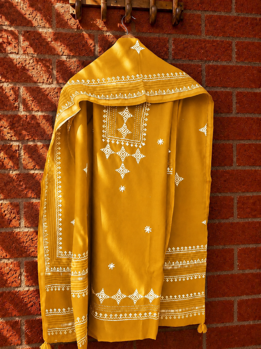 Mustard Yellow Chanderi Suit Set with Dupatta – flat lay