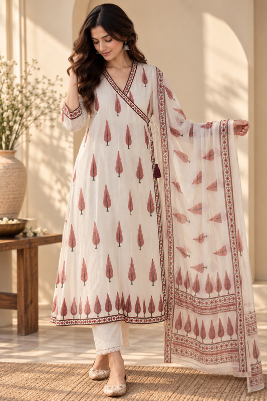 Ivory Angrakha kurta styled with its coordinating Kota dupatta