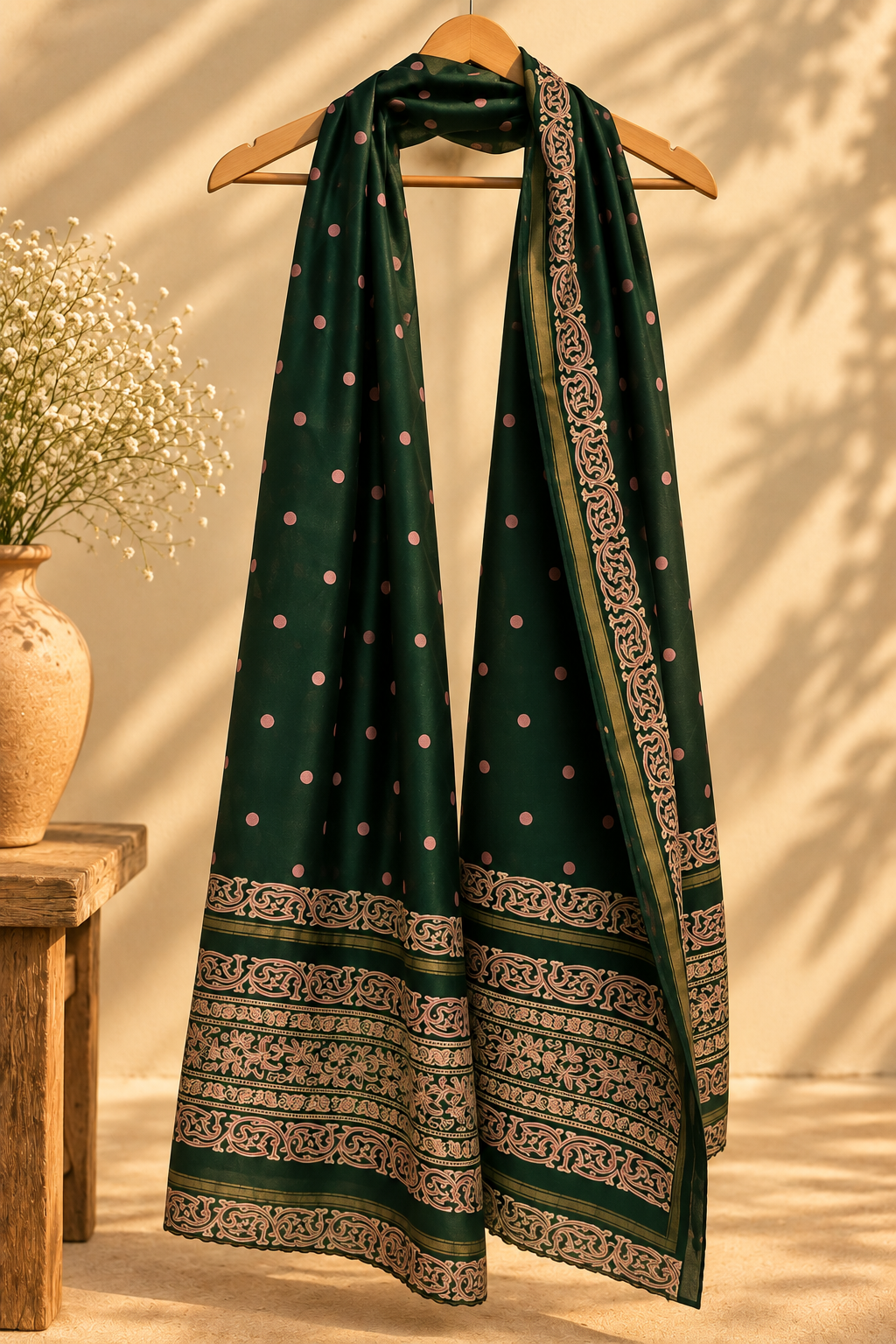 Forest-green dupatta with pink dots and ornate border hanging against a warm ivory wall