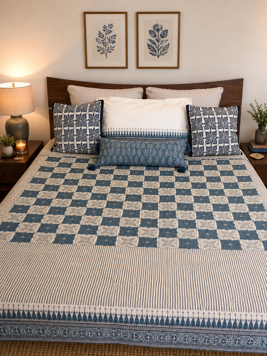 Hand block printed indigo tile bedcover set – full bed top view