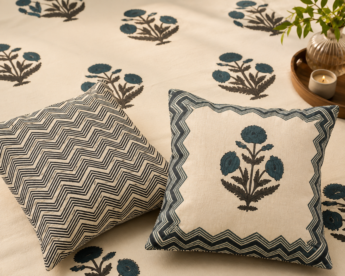 White Hand Block Printed Bedsheet with Pillow Covers