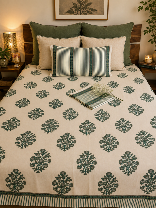 Forest green hand block printed cotton bedcover — top view showing full bouquet pattern