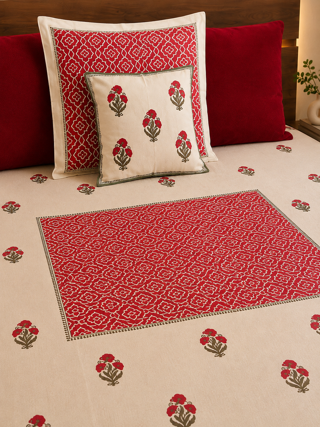 Hand block printed bed cover close-up showing red floral boota motif with geometric centre panel and cushion covers