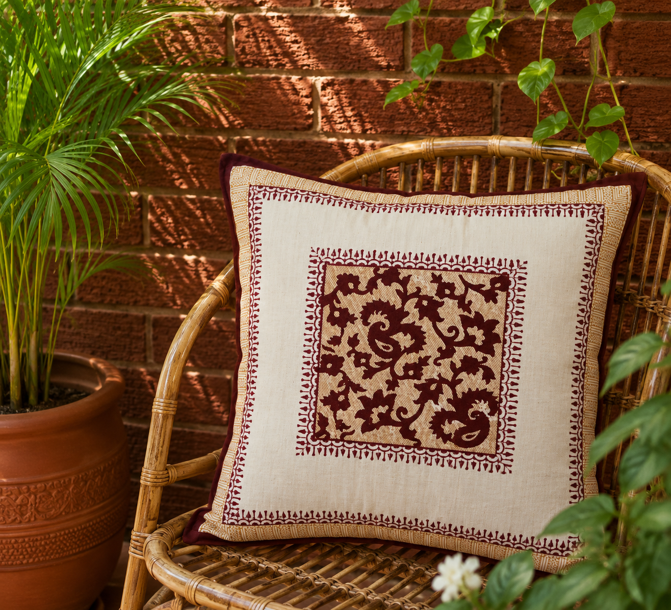 Maroon Paisley Hand Block Printed Cushion Cover - Studio Rang