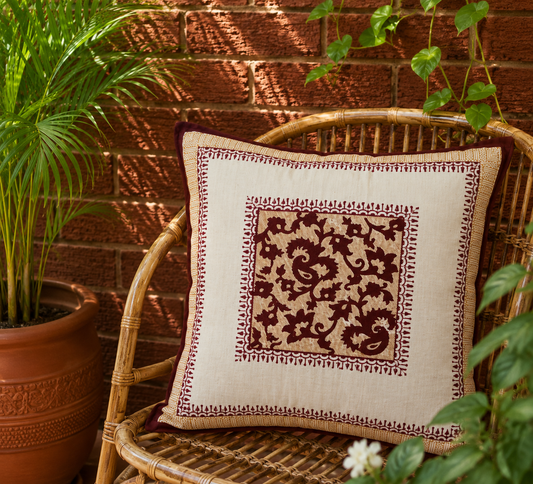 Maroon Paisley Hand Block Printed Cushion Cover - Studio Rang