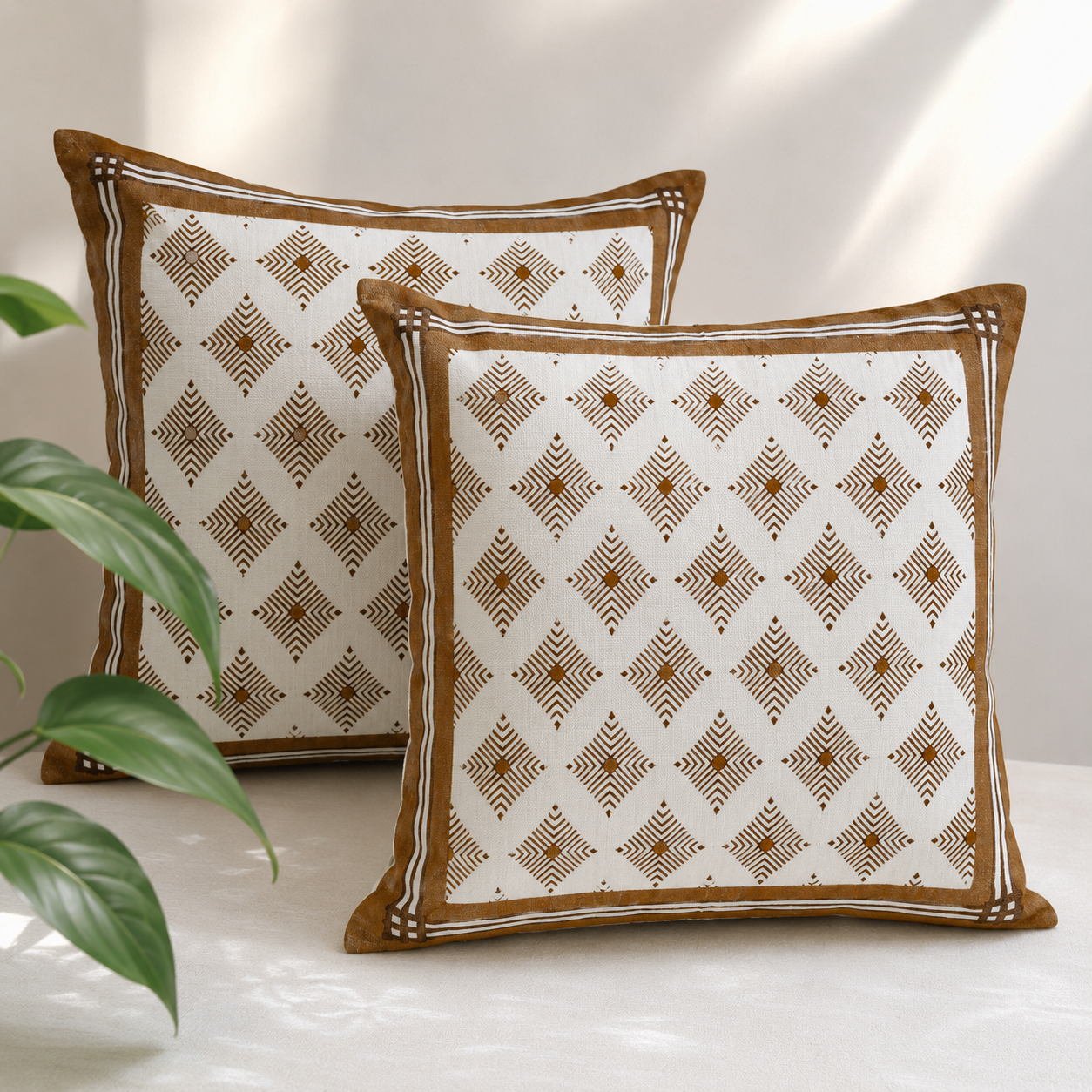 Mustard Diamond Geometric Hand Block Printed Cushion Cover set of 2 - Studio Rang