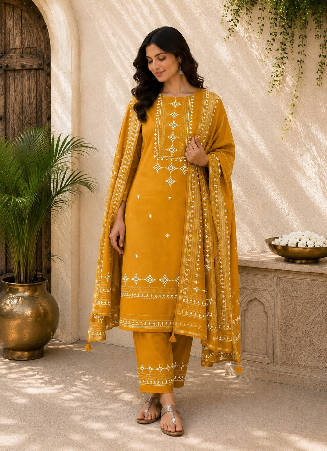 Mustard Yellow Chanderi Suit Set with Dupatta – model shot
