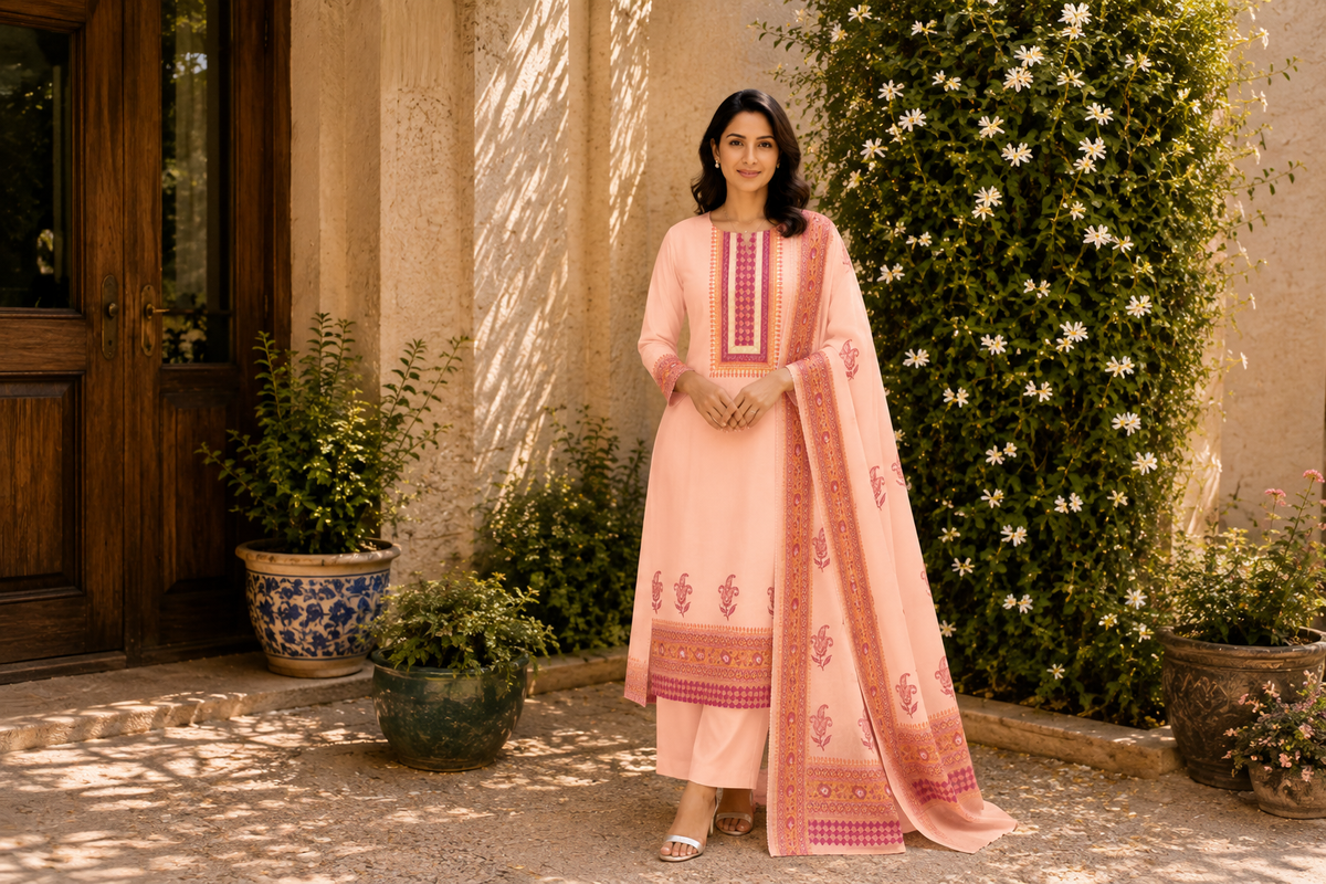 Peach Chanderi Suit Set – Hand Block Printed with Dupatta