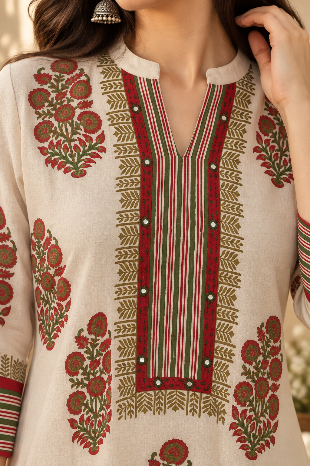 Close-up of the red and olive detailed neckline on the ivory Crepe silk kurta