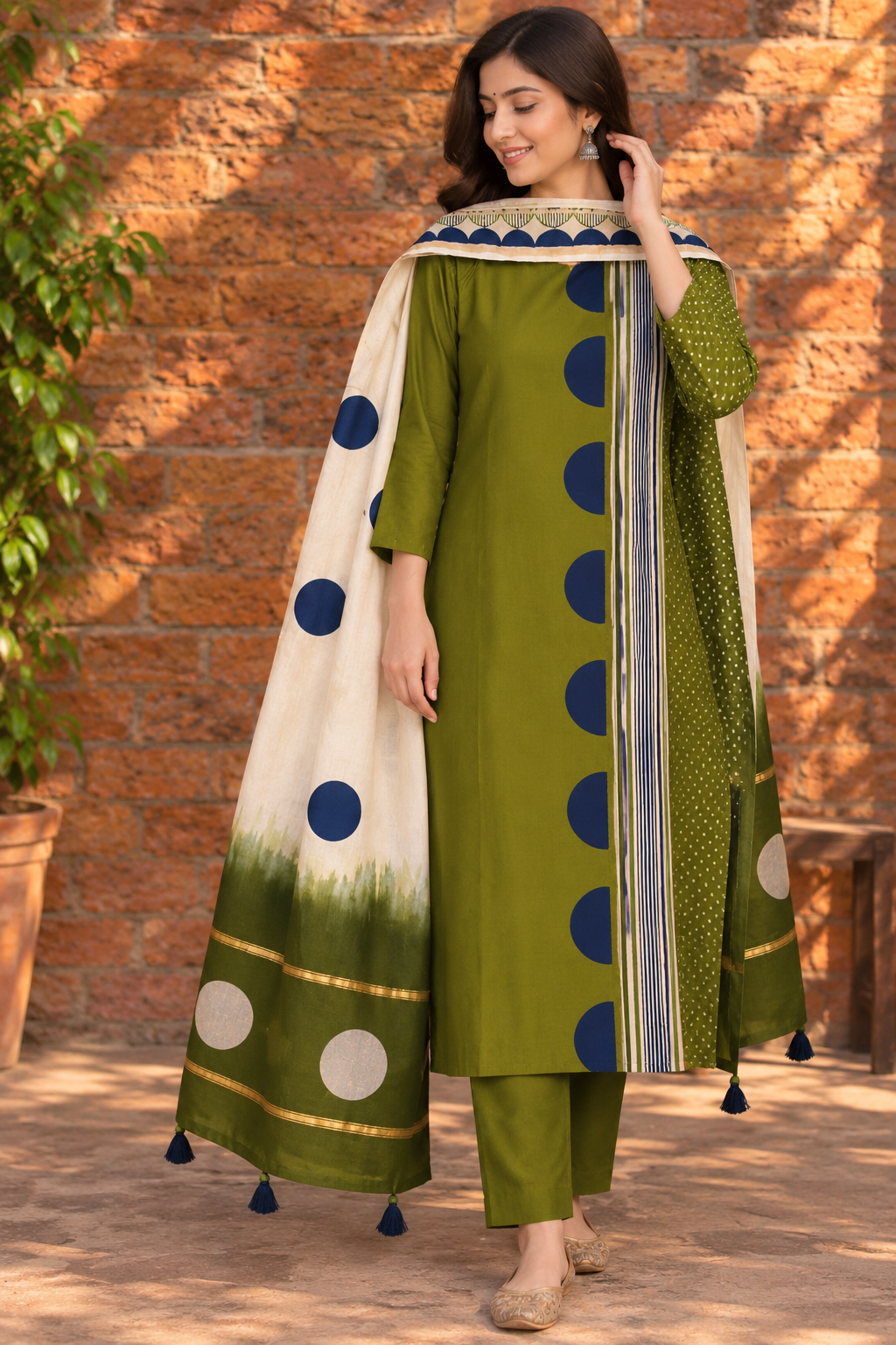 Model wearing an olive green Pure Chanderi stitched suit with dupatta