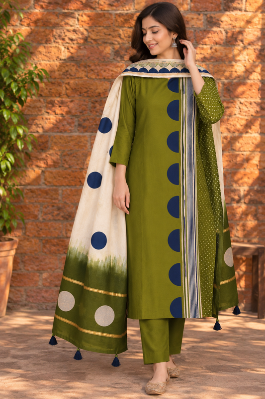 Model wearing an olive green Pure Chanderi stitched suit with dupatta