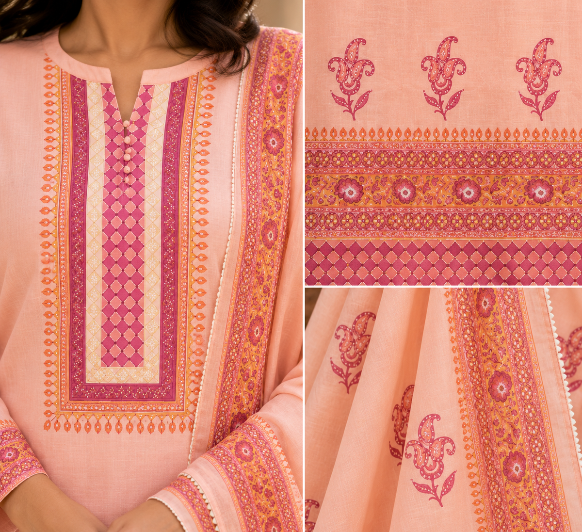 Peach Chanderi Suit Set – Hand Block Printed with Dupatta