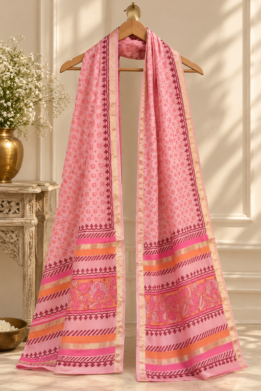 Pale pink Pure Chanderi dupatta with printed border and decorative motifs displayed on a hanger