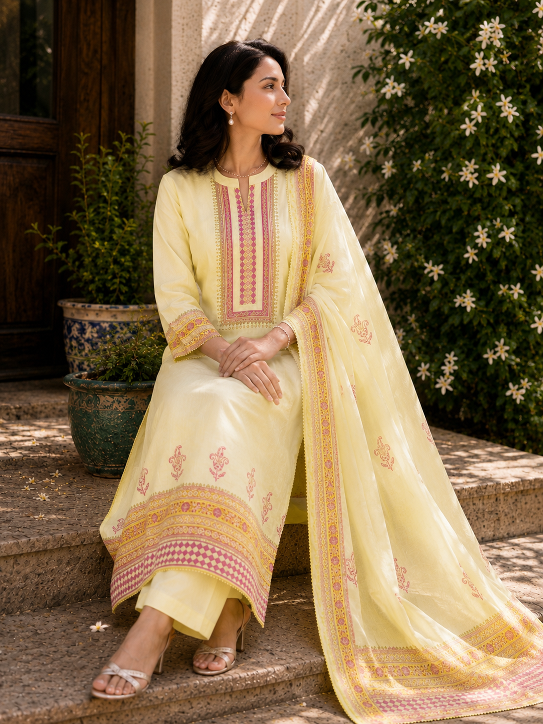 Lemon Yellow Pure Chanderi Suit Set with Dupatta - model photo