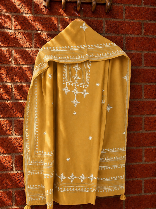 Mustard Geometric Hand Block Printed Pure Chanderi Suit with Dupatta - Studio Rang