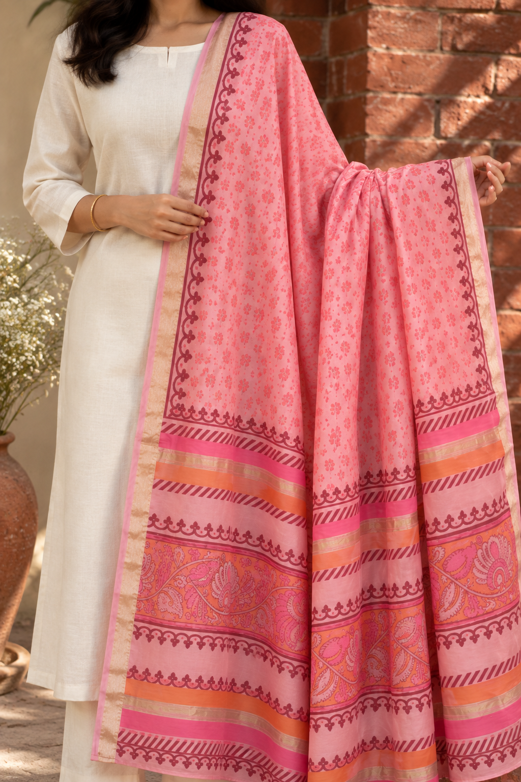 Pale pink Pure Chanderi dupatta with printed border draped over a white kurta