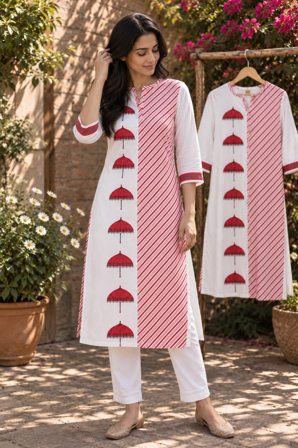 Red umbrella block print kurta set - alternate view
