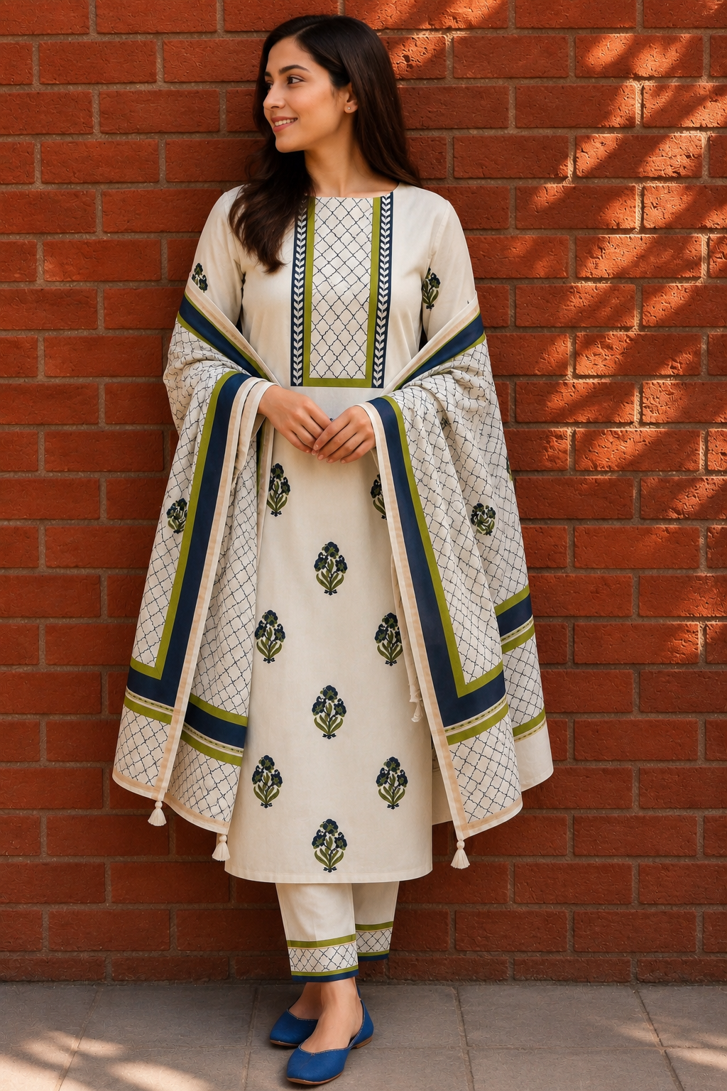 Model wearing off-white jaal hand block printed pure cotton suit with dupatta - Studio Rang