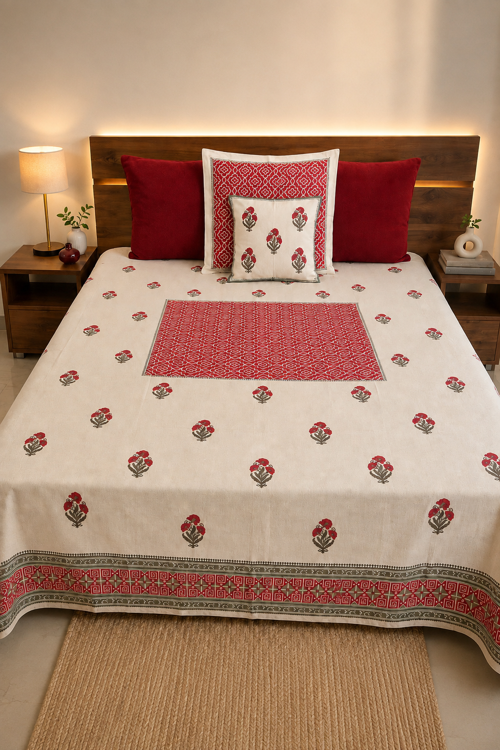 Hand block printed bed cover set with red floral boota motif and matching cushion covers
