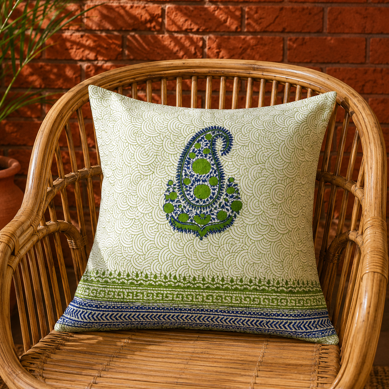 Green Navy Embroidered Paisley Hand Block Printed Cushion Cover - Studio Rang