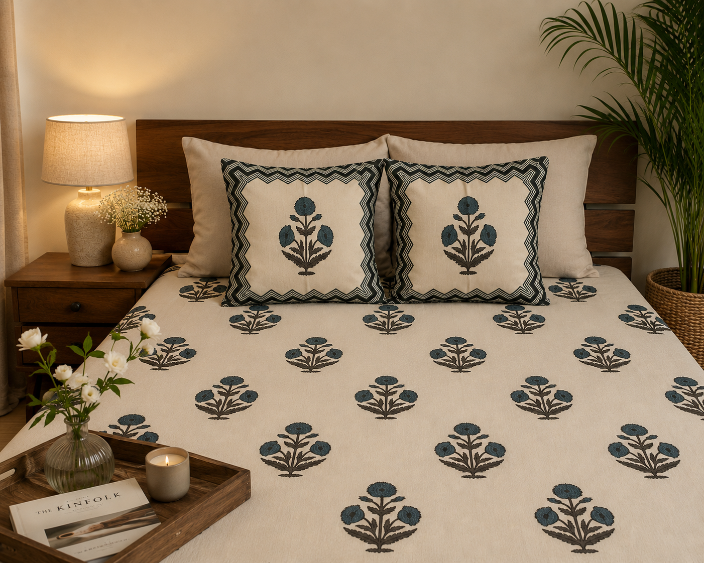 White hand block printed bedsheet with blue floral boota motif and matching pillow covers