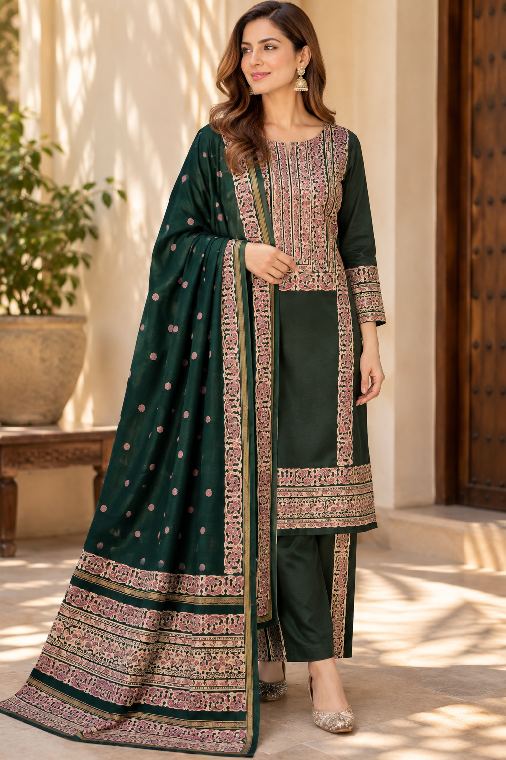 Bottle Green & Pink Unstitched Chanderi Silk Suit Material