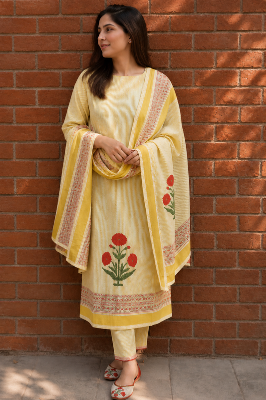Model wearing lemon yellow floral hand block printed pure cotton suit with mull dupatta - Studio Rang