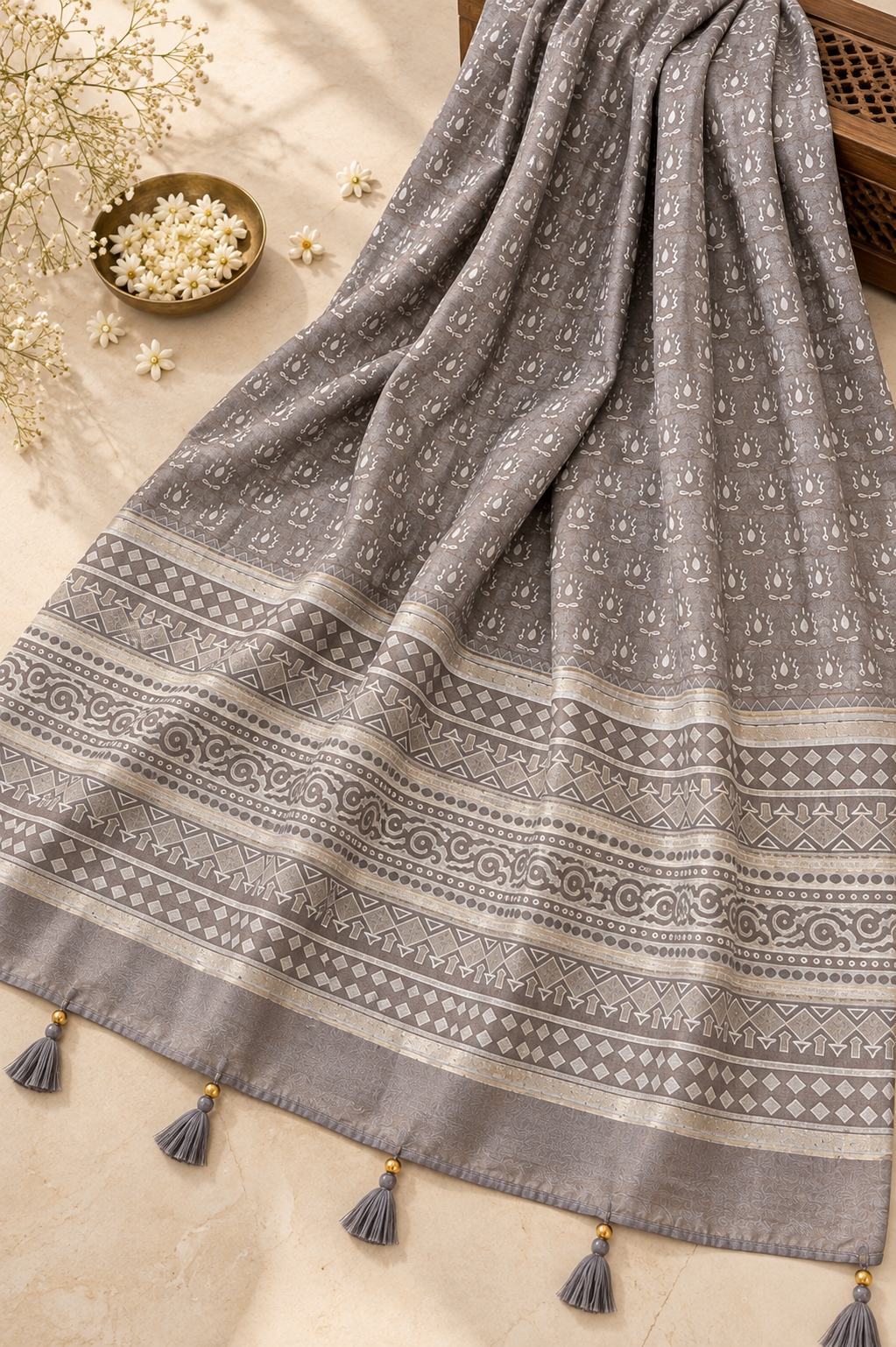 Chaand Grey Chanderi Dupatta – Hand Block Printed