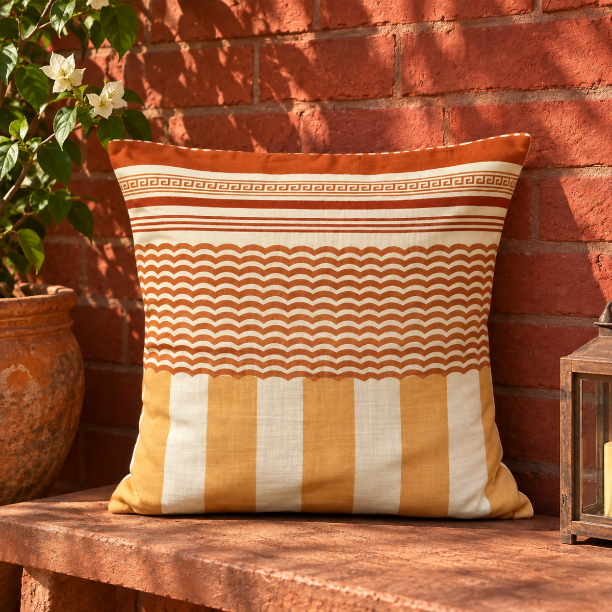 Rust and mustard pure cotton cushion cover with hand block printed wave pattern