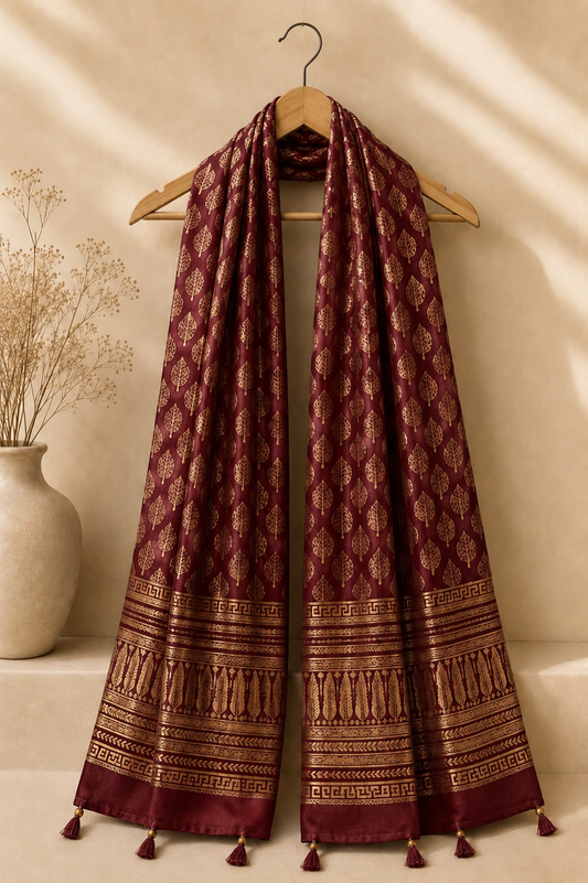 Maroon Chanderi Dupatta with Gold Block Print and Tassels