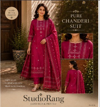 Model wearing magenta pure Chanderi hand block printed suit set