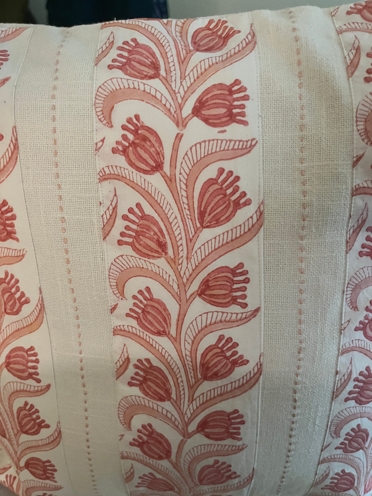 Close-up of hand block printed pure cotton cushion cover fabric